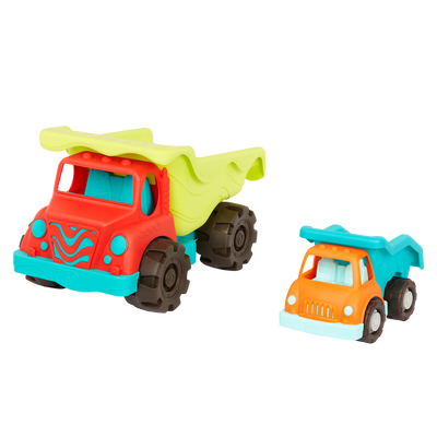 Toy dump trucks.