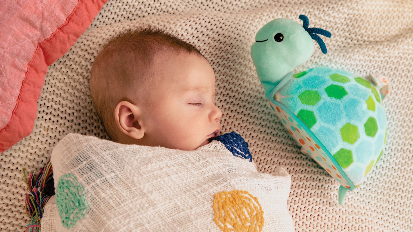 Baby sleeping with a Turtle Soft Toy