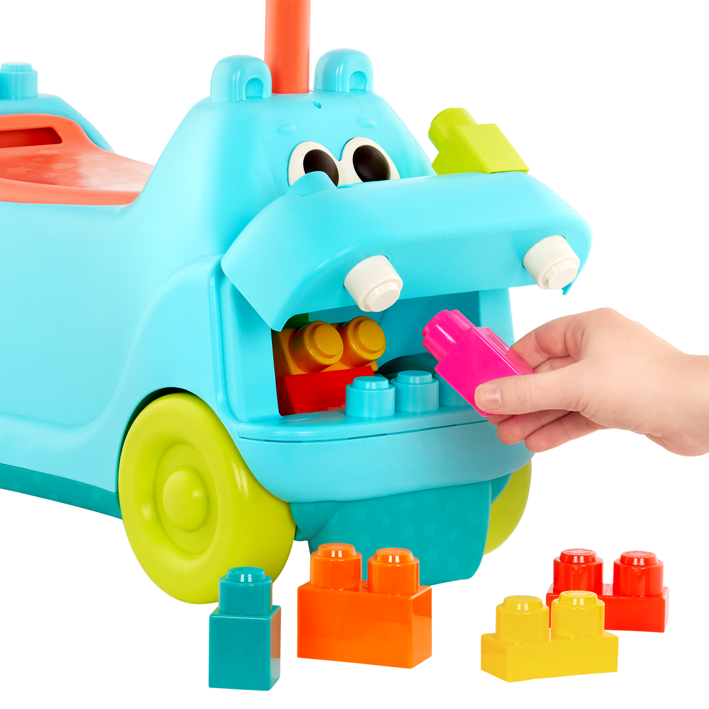 Hippo ride-on with building blocks.