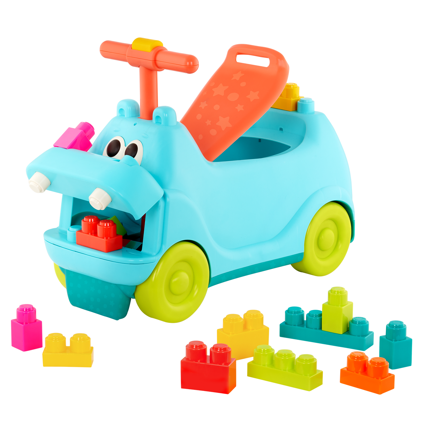 Hippo ride-on with building blocks.