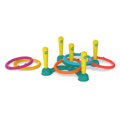 Ring toss game with five rings and five numbered pegs.