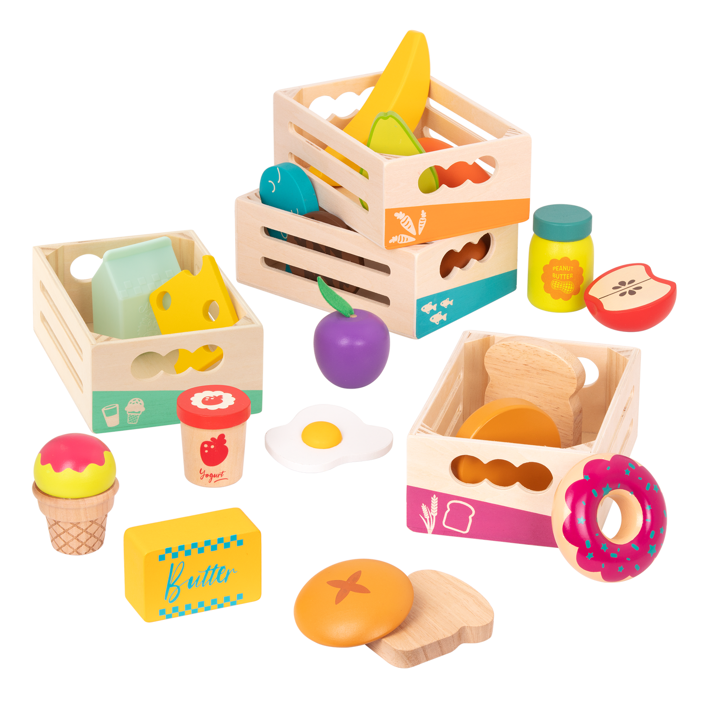 Wooden play food in crates.